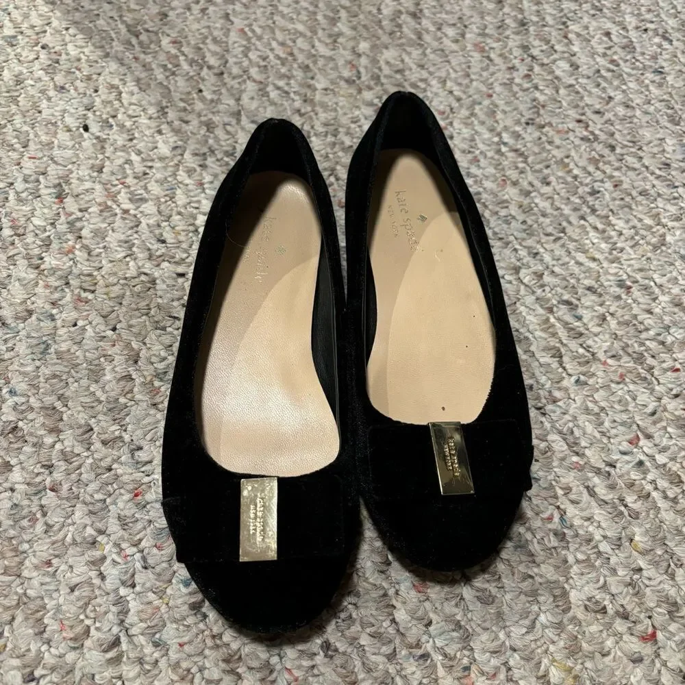 Kate Spade Suede Bow Black Gold Ballet Flats- Size 6 - Picture 2 of 11